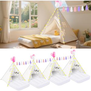 PLULON 4 Pack Teepee Tent for Kids Girls Slumber Party Tents Bulk Kids Sleepover with Inflatable Airbed and Decorations Play White Teepee Indoor Christmas Birthday Gift