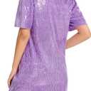 FEMI SEMI Women Puff Short Sleeve Sparkle Shift Dress Crewneck Sequin Shimmer Cocktail Party Dress (Purple, S)