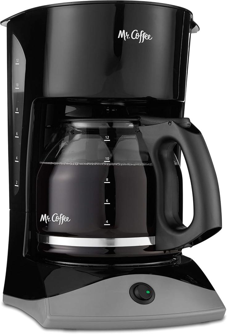 Mr. Coffee Black Coffee Maker, 12 Cups, with Auto Pause and Glass Carafe, Perfect for Home and Office Use, Black