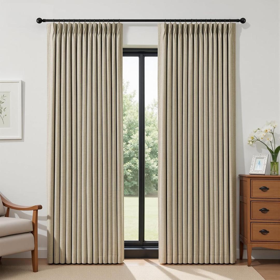 IVAPUPU Sand Pinch Pleated Full Blackout Linen Curtains for Bedroom, Black Out Curtains 90 Inches Long for Living Room Darkening Thermal Insulated Neutral Pleat Drapes with 16 Hooks, 2 Panels
