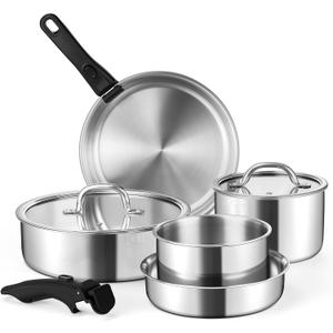 E-far 9pcs Stainless Steel Cookware Set, 3-Ply Pots and Pans Set w/Detachable Handle & Lid, Induction Cookware Kitchen Cooking Set for RV Camping, Nontoxic Whole Clad Frying/Saute/Sauce Pan, Oven Safe