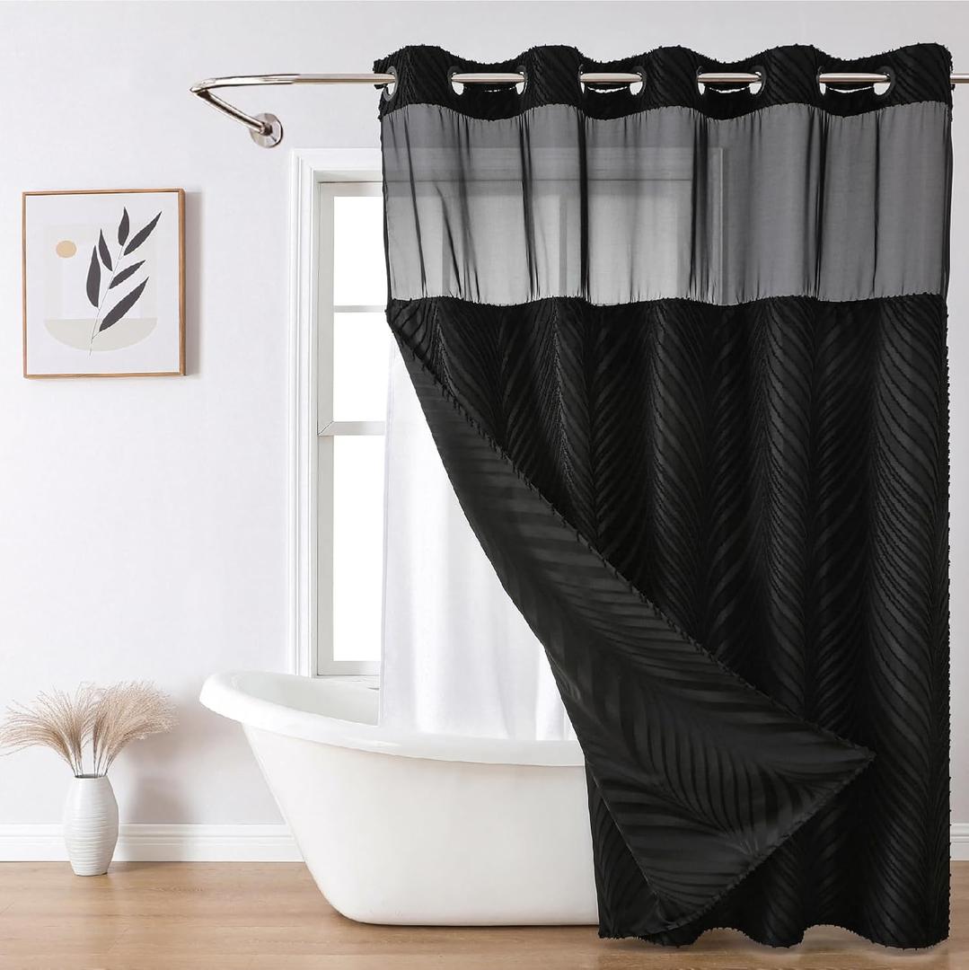 no Hook Shower Curtain and Liner SetBoho Style with See Through Top Window, Black Fabric Tufted Striped Textured Outer Curtain & Waterproof Inner Liner, DarkBlack, 71Wx77H