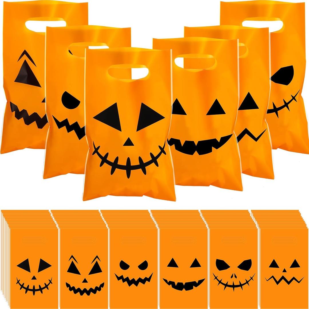 Jetec 480 Pcs Fall Thanksgiving Plastic Pumpkin Gift Bags Halloween Trick or Treat Candy Goodies Jack O Tote Bags with Handle Party Decoration Favor Supplies