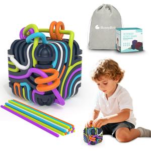 BunnyBoo Sensory Activity Board, 3D Silicone Toys for Kids with Autism & ADHD,Sensory Fidget Toys for Anxiety Relief, Calming & Focusing, BPA-Free, 15 Colorful Strings, Storage Bag(Black)