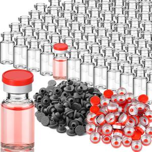 200 Pack 2ml Glass Vials Clear Glass Empty Vials for Injection with Plastic-aluminum Flip Caps and Rubber Injection Stoppers Flat Bottom Lab Vial (Red Lid)
