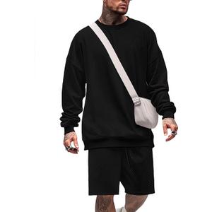 Mens 2 Piece Outfits Crewneck Sweatshirt Geometric Texture Long Sleeve and Joggers Shorts Sweatsuit Sets Tracksuit (Medium, Black)