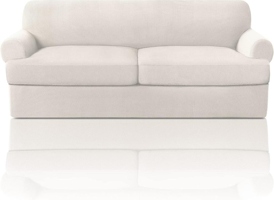 PrinceDeco T Cushion Sofa Slipcover 3 Pieces Sofa Covers for T Cushion Couch Soft Couch Covers Sofa Slip Cover Furniture Covers with 2 Individual T Shape Seat Covers Width Up to 90", Ivory