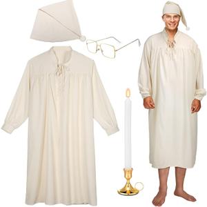 Cuffbow 5 Pcs Funny Pajama Set for Men Includes Men's Nightgown Sleeping Cap Glasses Candle Holder with Candle (X-Large, Beige)