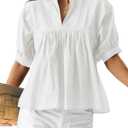 Skoinvb Womens Summer Babydoll Tops V Neck Short Puff Sleeve Peplum Shirt Loose Fit Casual Pleated Blouse White XL (White, XL)