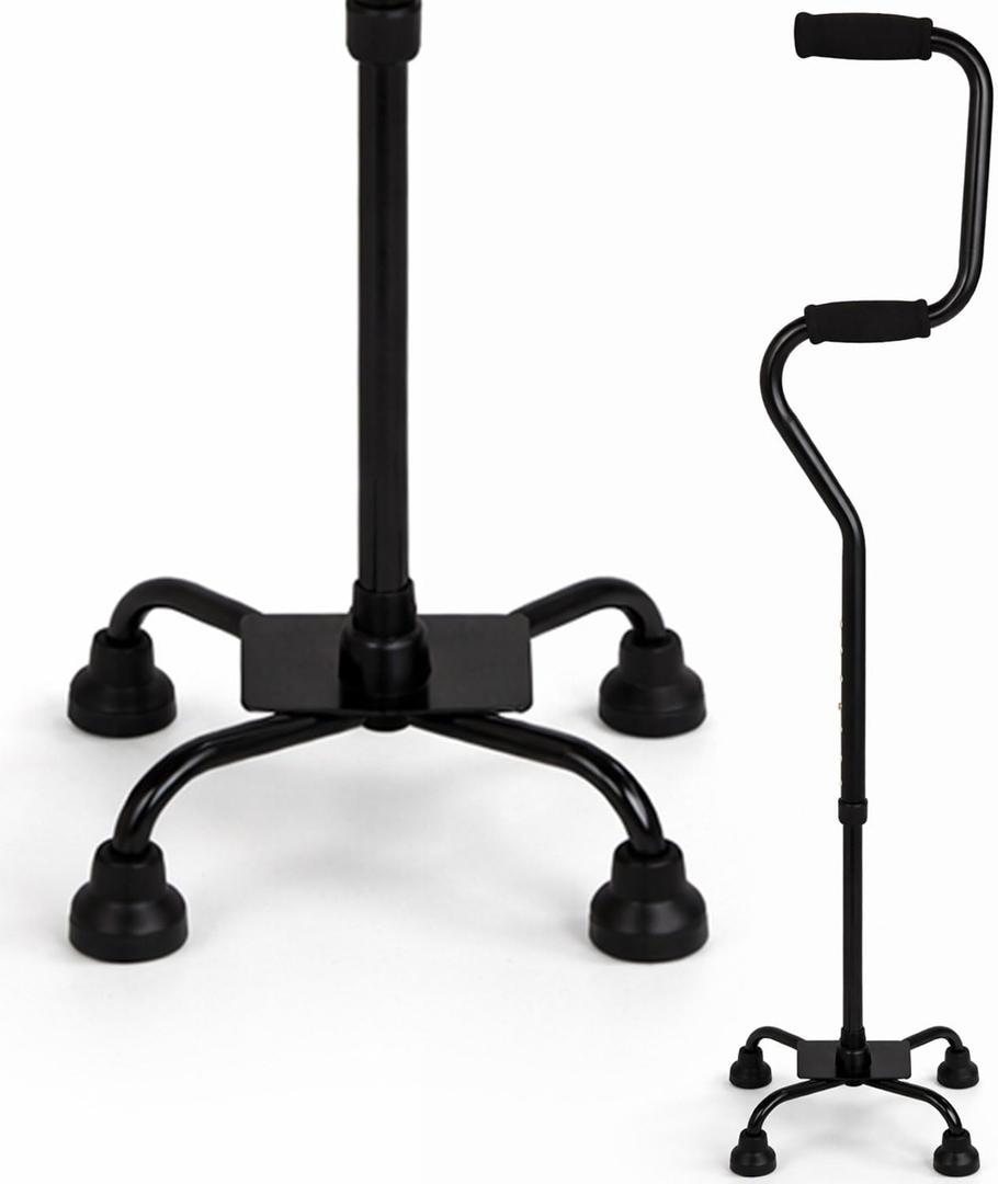HealthSmart Quad Walking Cane, Sit To Stand Walker, Adjustable Canes for Men, Canes for Women, FSA HSA Eligible with Quad Base, Foam Handles Quad Cane, Black