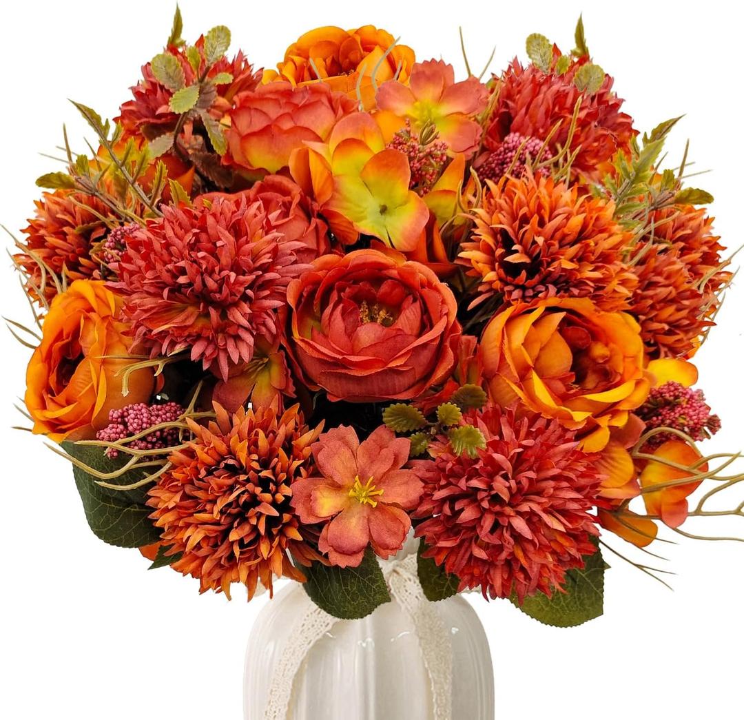 3 Bundles Fall Artificial Flowers Bouquet Fake Peony Silk Chrysanthemums Autumn Faux Floral Arrangements for Home Decor Indoor Living Room Kitchen Table Centerpieces Decoration (Burnt Orange)