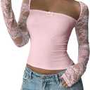 SOLY HUX Women's Lace Sheer Long Sleeve T Shirt Y2k Square Neck Slim Fit Going Out Crop Tops (Pink, S)
