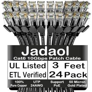 Jadaol Cat6 3ft 24 Pack Patch Cables, 10Gbps High-Speed Ethernet Patch Cables, Support Cat8/7 Network, 24AWG Pure Copper, RJ45 Gold-Plated Connector, LAN Network Cable for Patch Panel to Switch, Black