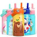 Bear Water Bottle - Kids Water Bottle with Straw Lid - 12 Oz Insulated Stainless Steel Water Bottles for Kid Boys - Travel Cup for School Sports