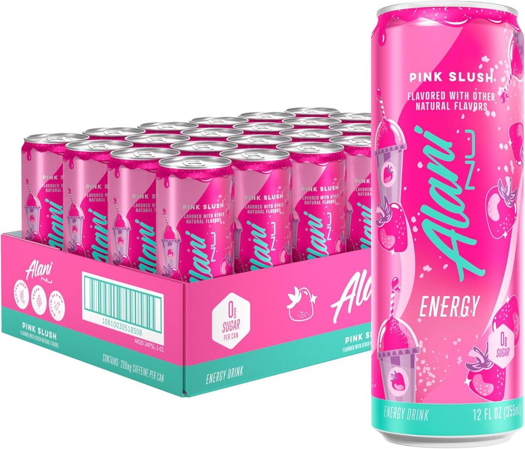 Alani Nu PINK SLUSH, Sugar Free, Low Calorie Energy Drinks, 200mg Caffeine, Biotin, B Vitamins, Zero Sugar, 5 Calories, 12 Fl Oz Cans, 24 Pack (EXP 11/30/27)