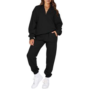 Aleumdr Women 2 Piece Outfits Sweatsuit Oversized Half Zip Pullover Long Sleeve Sweatshirt Jogger Pants Set with Pockets (X-Large, Lighter Weight Black)