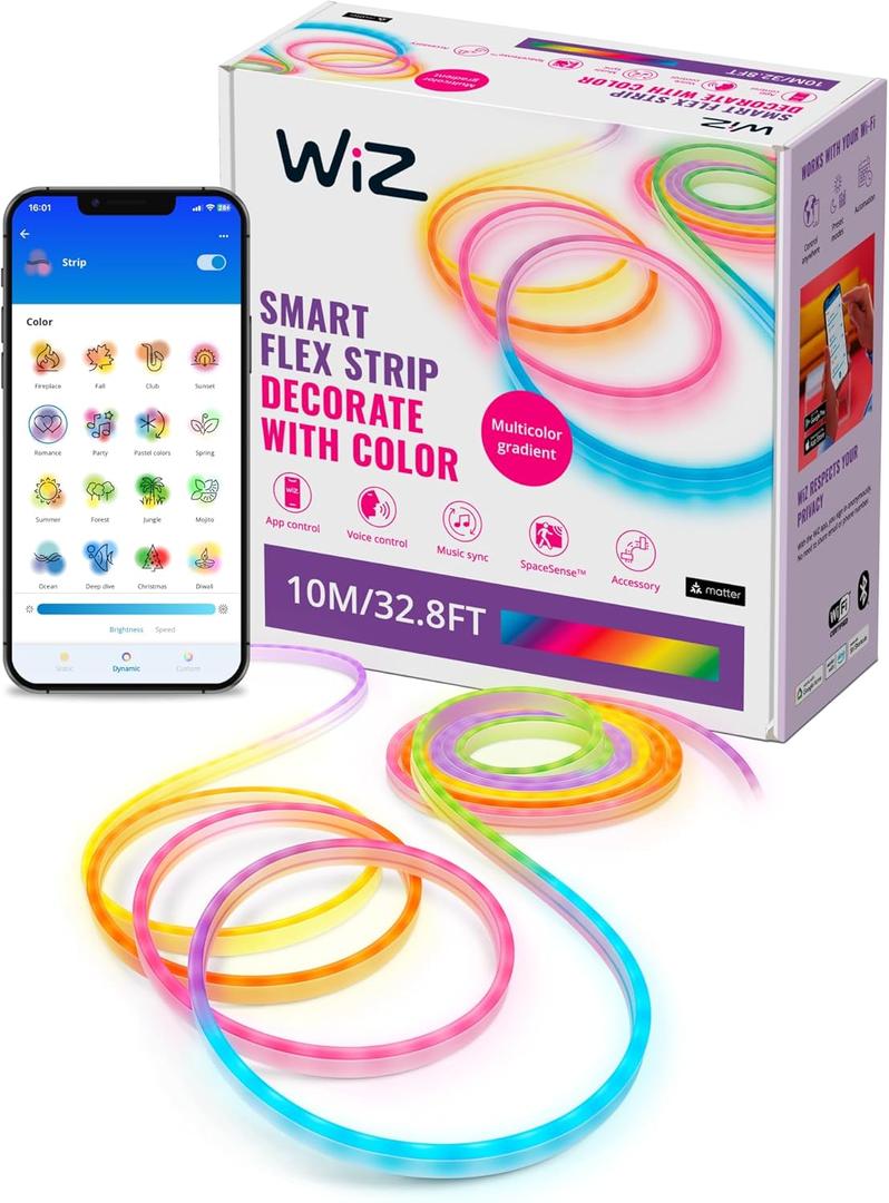WiZ Connected Neon Smart Flex Strip, 32.8 ft (Two 16.4ft Flex LED Strips), 16 Million Colors, Shades of White, RGBIC Lighting, Connects to Wi-Fi, Voice/App Control