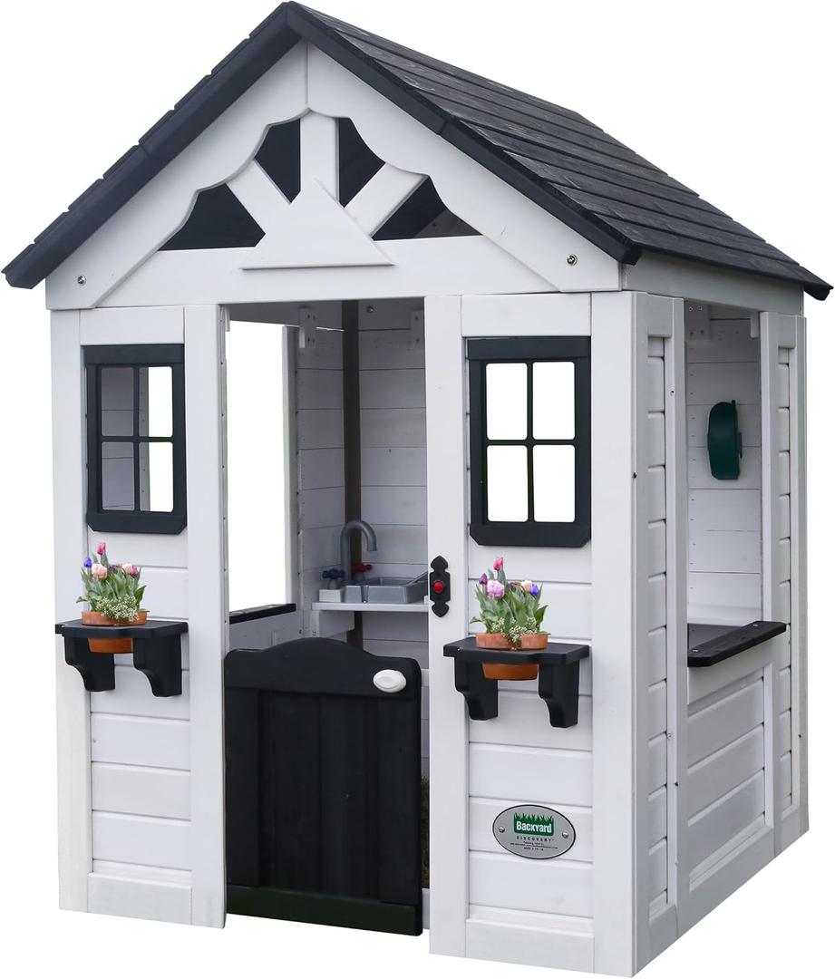Backyard Discovery Sweetwater White Cedar Wooden Kids Playhouse Cottage with Play Kitchen, Snack Bar, Half Door, Toy Phone, Windows, Flowerpot Holders, Working Doorbell for Outdoor Imaginative Play