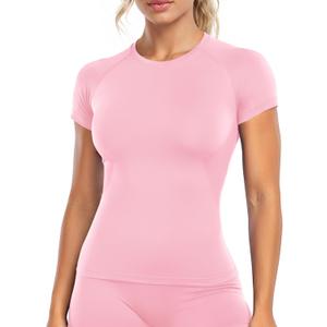 Ieumaz Gym Workout Tops for Women Short Sleeve Longline Athletic Tops Fitted Crew Neck Yoga Sports Compression T-Shirts (Medium, Light Rose Pink)