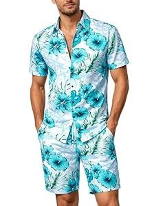 JOGAL Men's Flower Casual Button Down Short Sleeve Hawaiian Shirt Suits Fresh Blue XX-Large