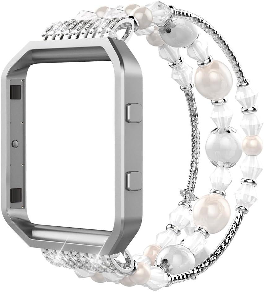 Simpeak Fashion Elastic Band Compatible with Fitbit Blaze Smartwatch Fitness, Large(7.28") Handmade Beaded Jewelry Bracelet Band Strap Replacement for Fit bit Blaze Women, White