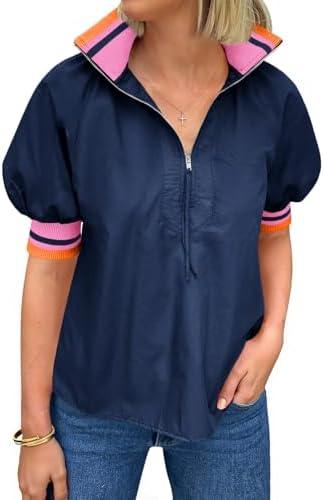 Tankaneo Womens Puff Sleeve Tops Blouse Color Block Half Zip V Neck Pullover Trendy Summer Casual Loose Fit Shirts Medium