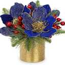13 inch Blue Christmas Table Centerpiece 5" Glitter Magnolia Flower and Berries Fir Greenery Artificial Christmas Floral Centerpiece in Silver Ceramic Pot Tabletop Xmas Table Arrangement Decor