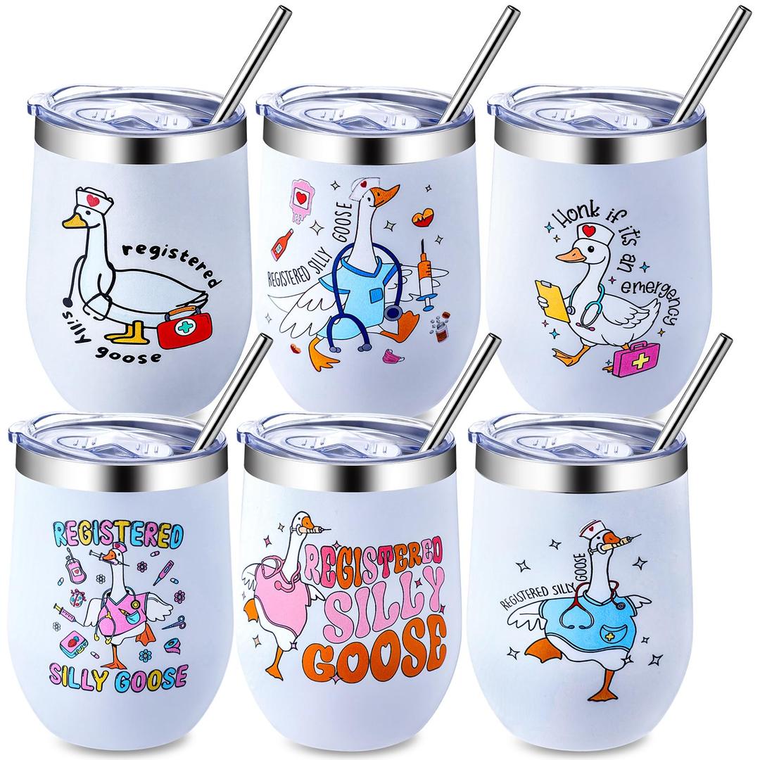 LemonRoad 6 Pcs Funny Silly Goose Nurse Tumbler 12 oz Insulated Stainless Steel Travel Mug with Lid and Straw Rn Graduation Gift New Grad Nurse Appreciation for Women Men Student Nursing Class