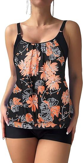 ZAFUL Womens Tankini Set Two Piece Bathing Suit Swim Tank Top with High Waist Boyshorts Modest Tummy Control Swimwear, Extra Large, Pink Flower