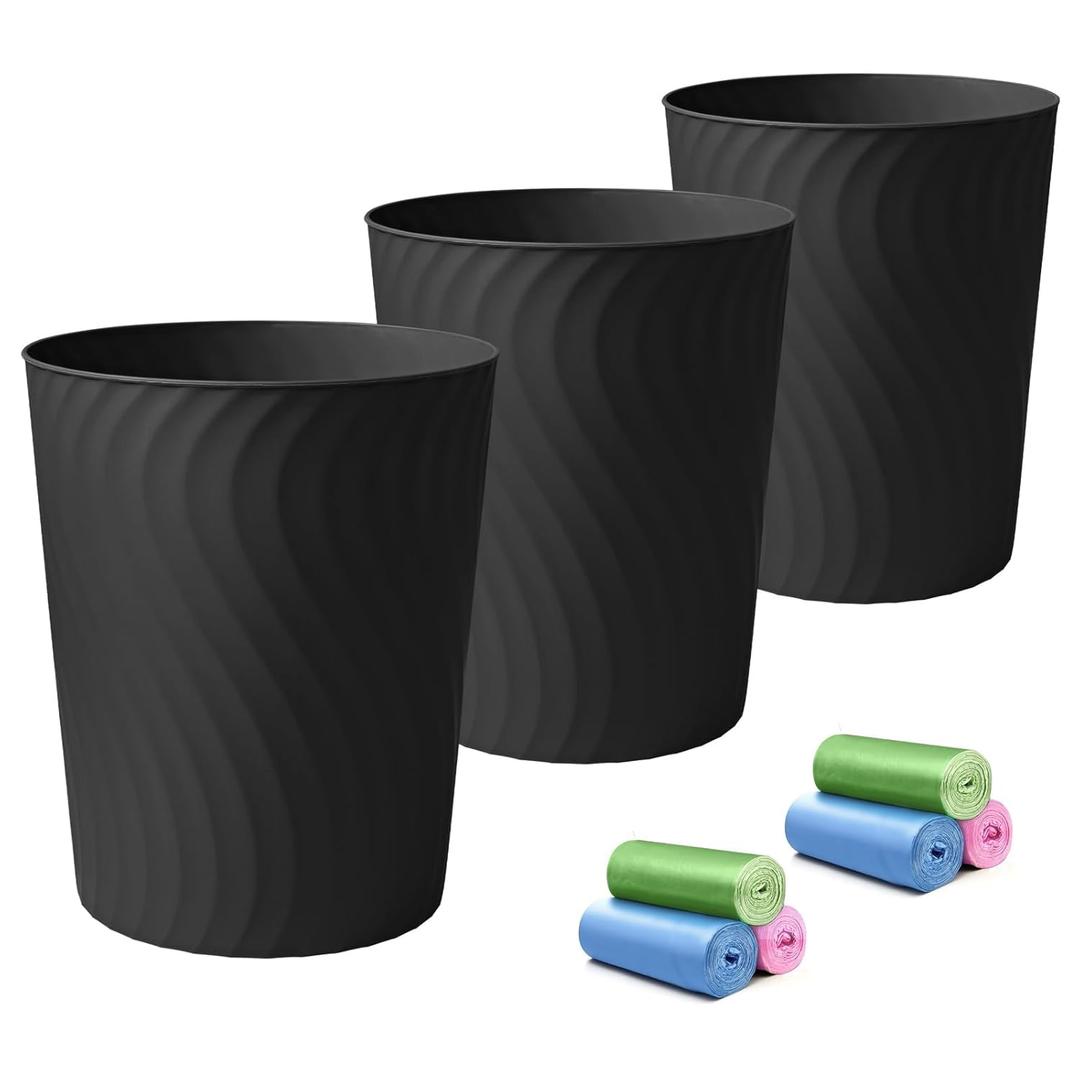 YGJT Small Trash Can, 3 Pack 1.8 Gallons Bathroom Trash Can, Slim Waste Basket, Round Garbage Can, Plastic Trash Bin for Kitchen, Dorm, Bedroom, Office, Living Room, Study, Compact Spaces(Black)