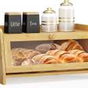 Bread Box for Kitchen Countertop, Large Bread Container Storage, Wooden Farmhouse Bread Box with Window Bread Holder (Natural Bamboo)