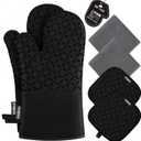 KEGOUU Oven Mitts and Pot Holders 6pcs Set, Kitchen Oven Glove High Heat Resistant 500 Degree Extra Long Oven Mitts and Potholder with Non-Slip Silicone Surface for Cooking (Black)