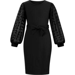Girls Dress Kids Mesh Long Sleeve Dresses Self Belted Elegant Bodyco, 9-10 Years, Black