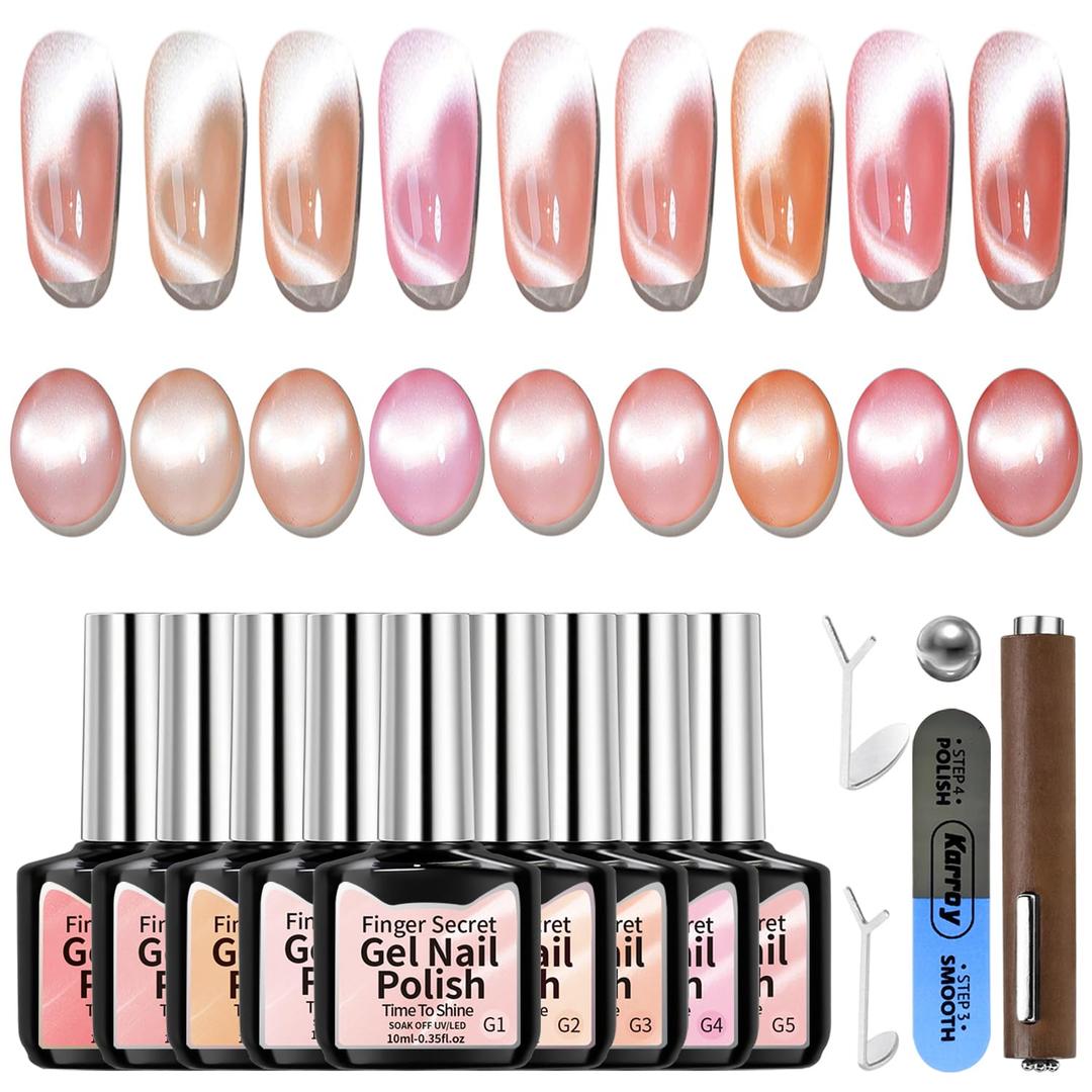Gel Nail Polish Set, Cat Eye Gel Polish Kit, Holographic Reflective Magnetic Shimmer Glitter Nude Brown Pink Skin Tones Nail Art, Manicure Salon DIY Gifts, Soak Off, UV/LED Cured (9 Colors G)