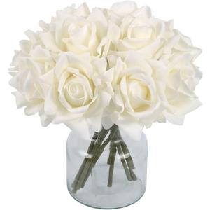 IPOPU White Roses Artificial Flowers,2 Bouquets 10PCS Real Touch Faux Roses with Stems for Wedding Party Home Table Centerpieces Decoration(White)