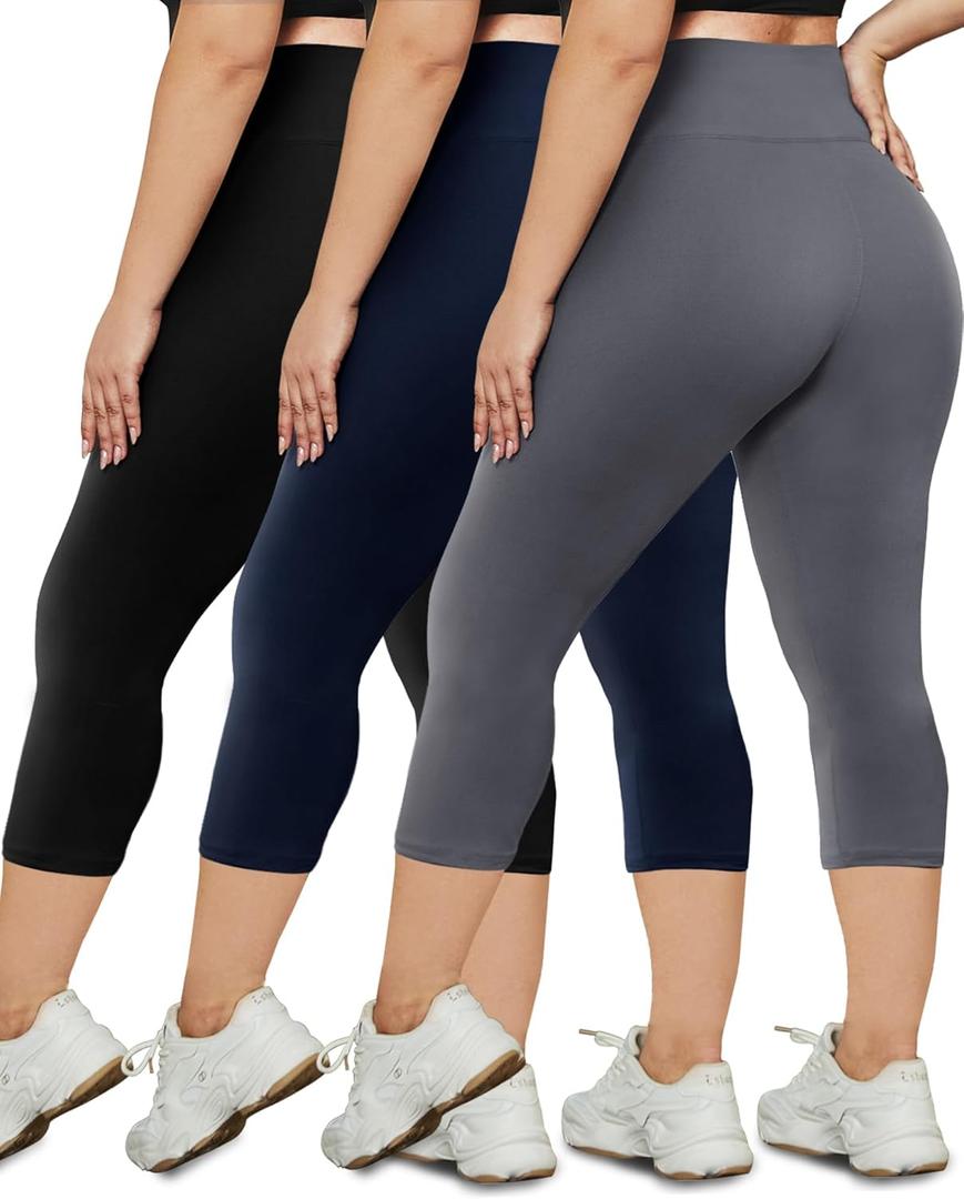HLTPRO 3 Pack Plus Size Leggings for Women(X-Large - 4X)- High Waist Stretchy Soft Pants for Workout Running Yoga (Black/ Grey/ Navy Blue)