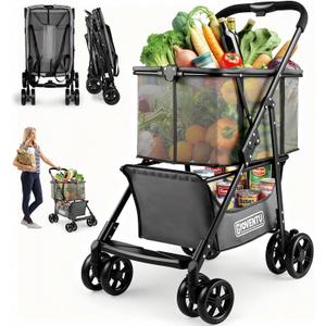 Folding Shopping Cart with Wheels, 80lbs Multi Use Grocery Carts with 360 Wheels & Removable Tote Bag, Multifunctional Portable Personal Shopping Carts for Groceries, Black