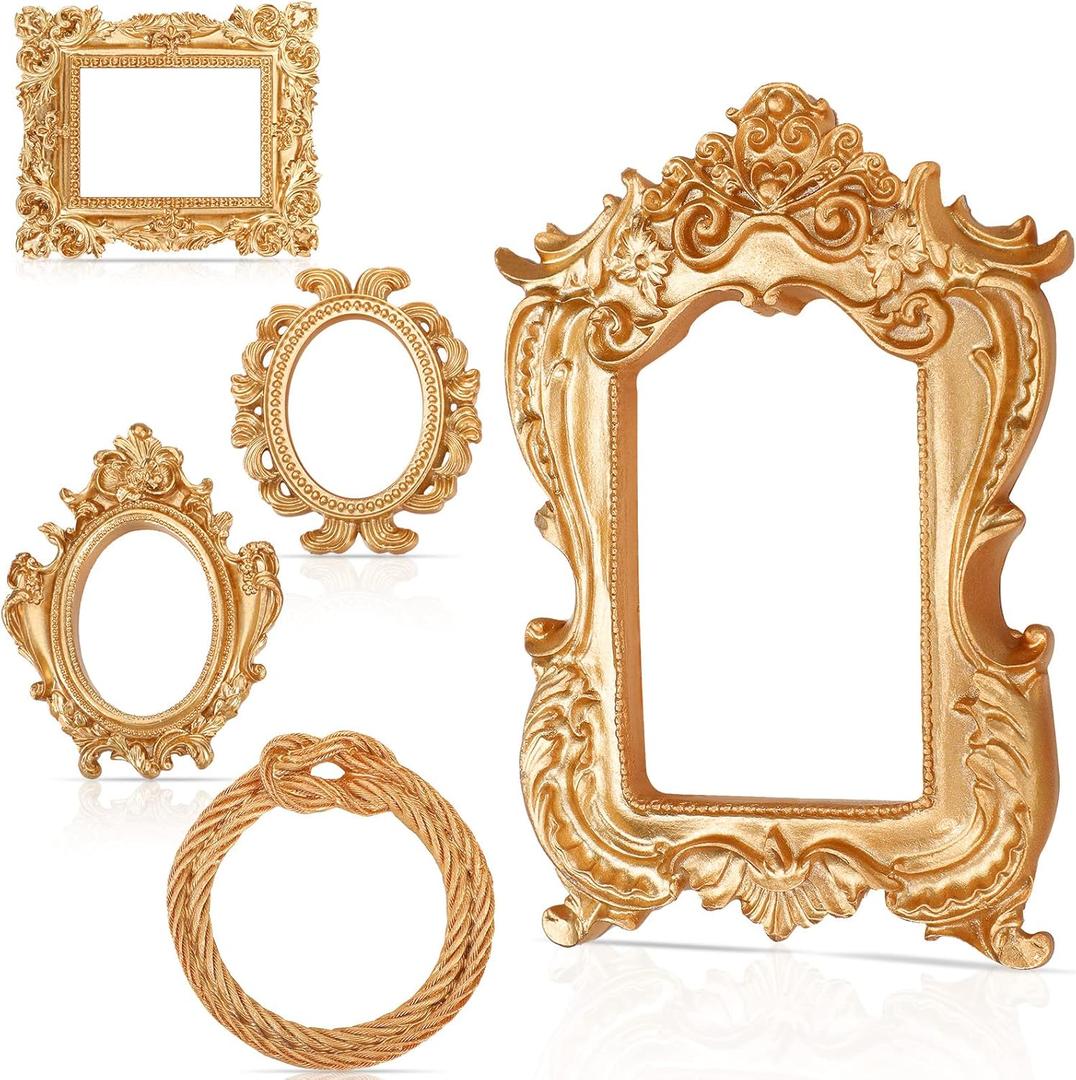 5 Pieces Vintage Resin Picture Frame Antique Vintage Photo Frame Mini Oval Rectangle Gothic Frames Hanging Photo Frame for Home Wall Jewelry Display Hotel Decor, Without Glass or Backing