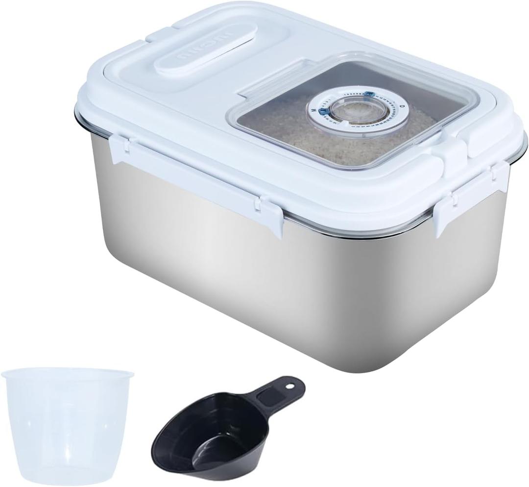 Airtight Rice Storage Container Bin 20lb, Stainless Steel Food Storage Containers with Measuring Cup, Spoon, Kitchen and Pantry Canister for Rice, Flour, Sugar, and Baking Supplies(Silver)