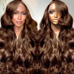 22 Inch Glueless Chocolate Brown Wig Human Hair 13x6 HD Transparent Breathable Swiss Frontal 200% Density Brazilian Virgin Body Wave Wig Human Hair Pre Plucked Natural Hairline Wigs For Women