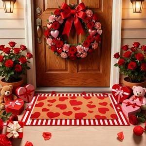 Duraaamo 2 Pcs Valentine Door Mat Heart Outdoor Welcome Mats for Front Door Love Non Slip Coir Floor Doormat Red Stripe Rug for Outside Front Porch Entryway Decor(Red Heart)