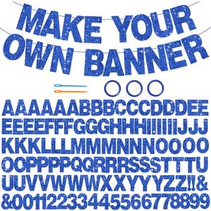 BEISHIDA 116 PCS A-Z DIY Letter Banner Kit Make Your Own Banner Glitter Blue Including 111 Letters and Numbers 3 Rope and 2 Threading Device,Customized for Birthday Graduation Wedding Party Decor