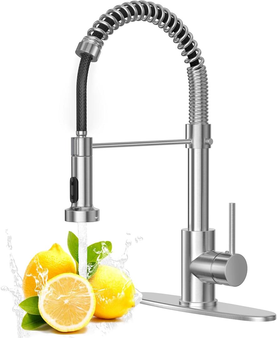Brushed Nickel Kitchen Faucet with Pull Down Sprayer, Stainless Steel Spring Commercial Kitchen Sink Faucet with 10-Inch Deck,1 or 3 Hole Installation for Farmhouse, RV Camper, Laundry & Utility Sink