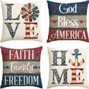 AVOIN colorlife God Bless America Throw Pillow Covers 20 x 20 Set of 4, Faith Family Freedom 4th of July Independence Memorial Day Patriotic Decorations for Sofa Couch