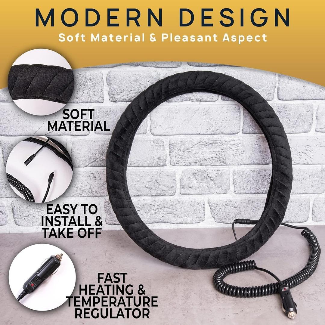 VaygWay Car Heated Steering Wheel Cover - 12v Black Soft Plush Warmer Car Steering Wheel Heater - Premium Quality 15" Auto Comfortable Steering Wheel Cover Protector Warmer for Vehicle- 2 Pk