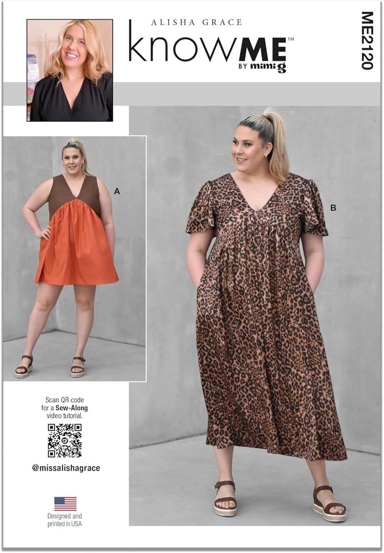 Know Me ME2120K5 Misses' Flowy A-line Dress Sewing Pattern Packet by Alisha Grace, Design Code ME2120, Sizes 8-10-12-14-16