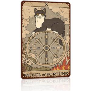 2 x Vintage Cat Tin Sign Retro Tarot Card Metal Sign Poster Wall Art Decor Bathroom Dorm Room Home Decor - Wheel Fortune