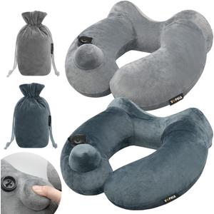 2 Pack Inflatable Travel Neck Pillow with Compact Bag and Washable Cover for Sleeping Airplane Soft Velvet Pillow for Long Flight Neck Cushion for Head Support Car Home Office (Greygreen 2 Pack)