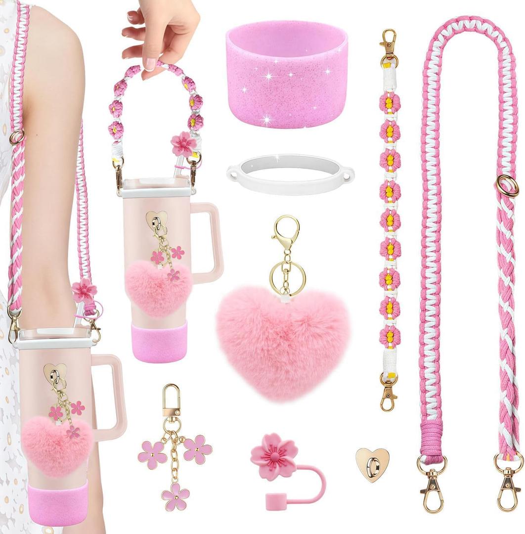 8PCS Stanley Cup Accessories Set, Adjustable Water Bottle Shoulder & Handle Strap, Glitter Protective Boot, Heart Shape Pompom Ball,Straw Topper Cover & Charms for Stanley 30oz 40oz Tumbler (Pink)
