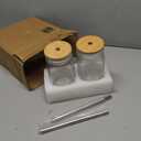 Amzcku 32oz vintage Mason Jars with Bamboo Lids and Stainless Steel Straws -Wide Mouth Quart Canning Jar, Reusable 32oz Boba & Smoothie Cups (2-Pack)